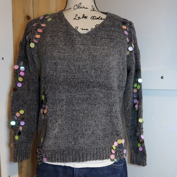 Charcoal Gray Distressed Sequin Sweater | S/M M/L - Picture 4 of 7